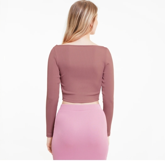 🆕Puma | Classics Ribbed Long Sleeve Cropped Top Dusty Rose Pink Size Large - Picture 3 of 5